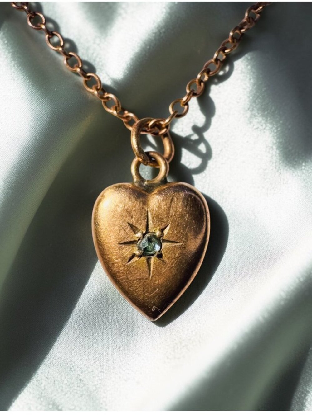 ANTIQUE 10K Gold Old Mine Cut Diamond Heart Puff Necklace - 14" -Victorian -1.6g